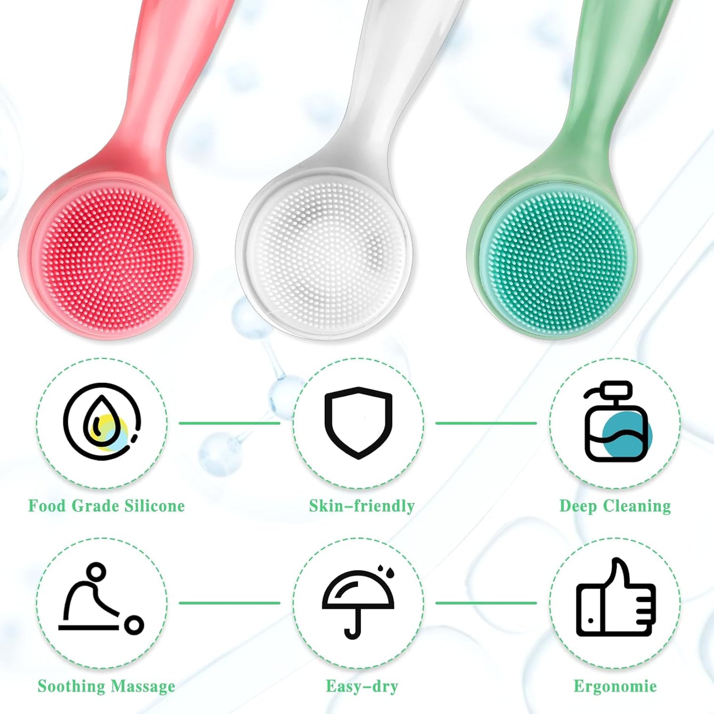 3 Pack Silicone Manual Facial Cleansing Brush Makeup Skincare Removal Applicator Skin Friendly Face Scrubber Exfoliator Soft Bristles Waterproof for Blackheads Whiteheads Massaging