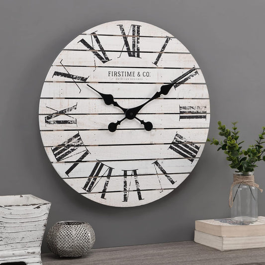 & Co. White Farmhouse Shiplap Wall Clock, Large Vintage Decor for Living Room, Home Office, Round, Wood, Boho, 18 Inches
