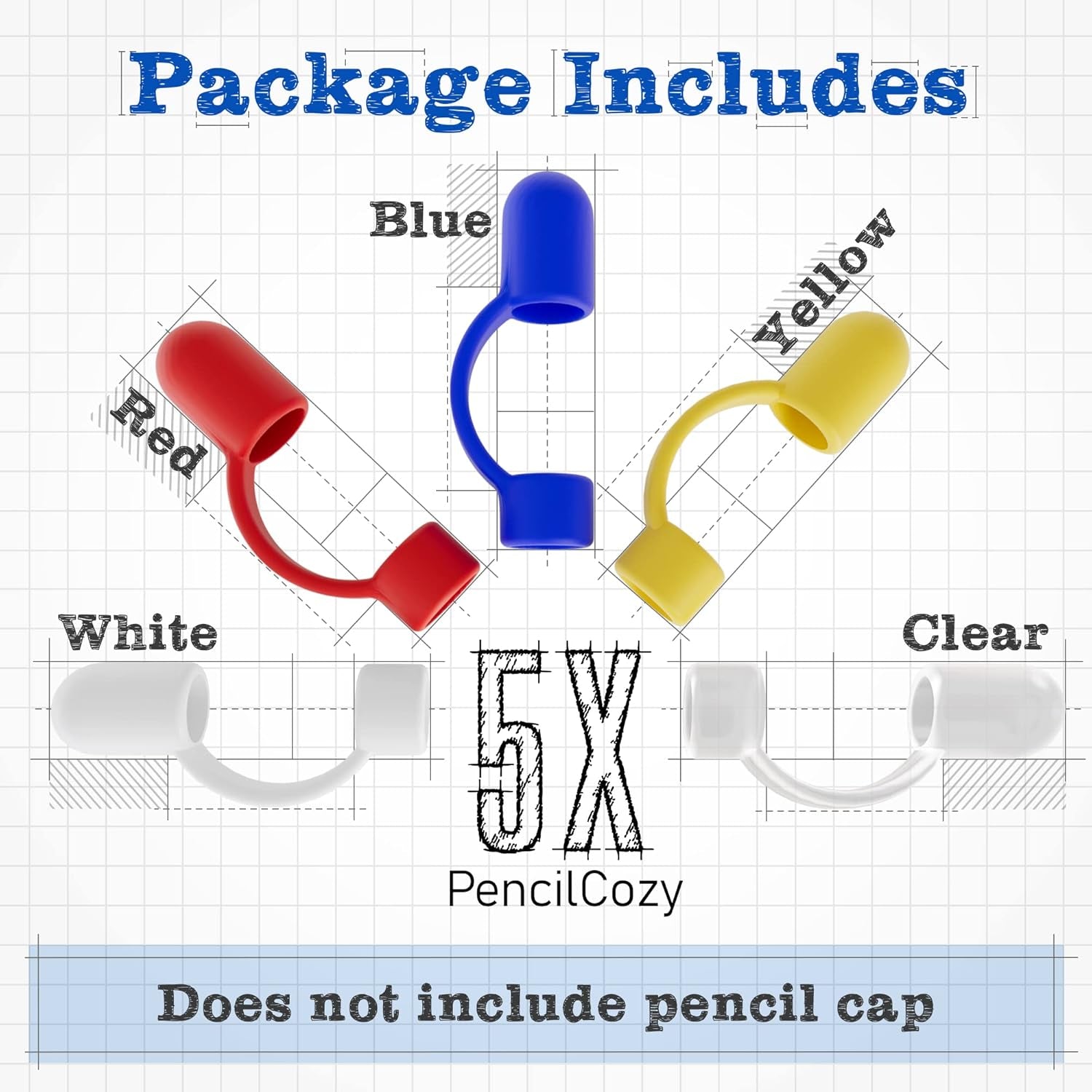 Pencil 5-Pcs Apple Pencil Cap Replacement and Holder, Protective Cover & Tether Prevents Damage, Apple Pen Cap Works with Apple Ipad Pro Pencil (Blue, Red, Yellow, White, Clear)