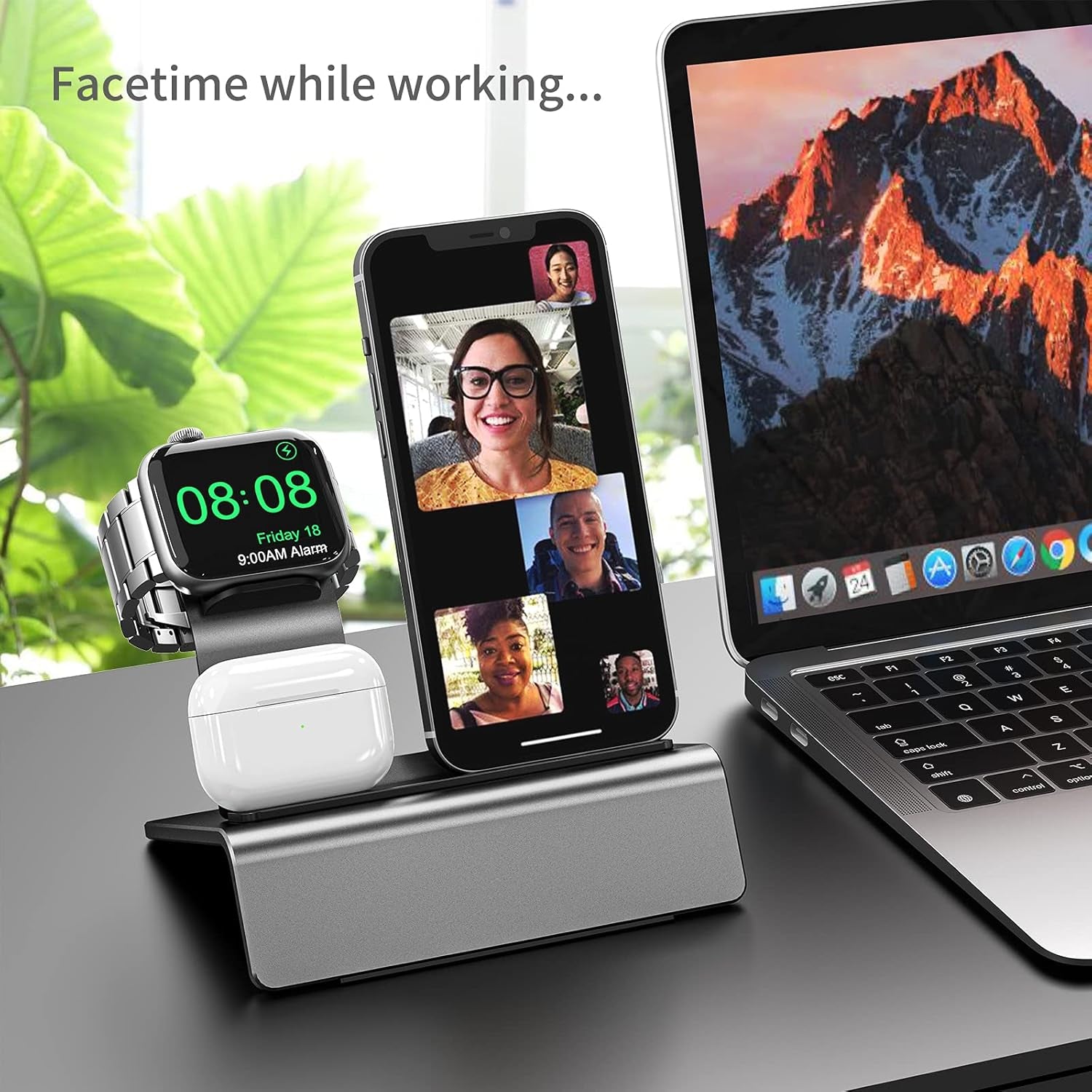 Aluminum Charging Stand for Apple Device 3 in 1 Charger Stand Holder Compatible with Magsafe Charger Iwatch Charger Airpods Pro/2/1 and Iphone Stand Holder(Charger & Cable Required)-Space Gray